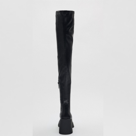 ZARA OVER THE KNEE LUG SOLE BOOTS BLACK SIZE 38 FAUX LEATHER - Picture 6 of 7